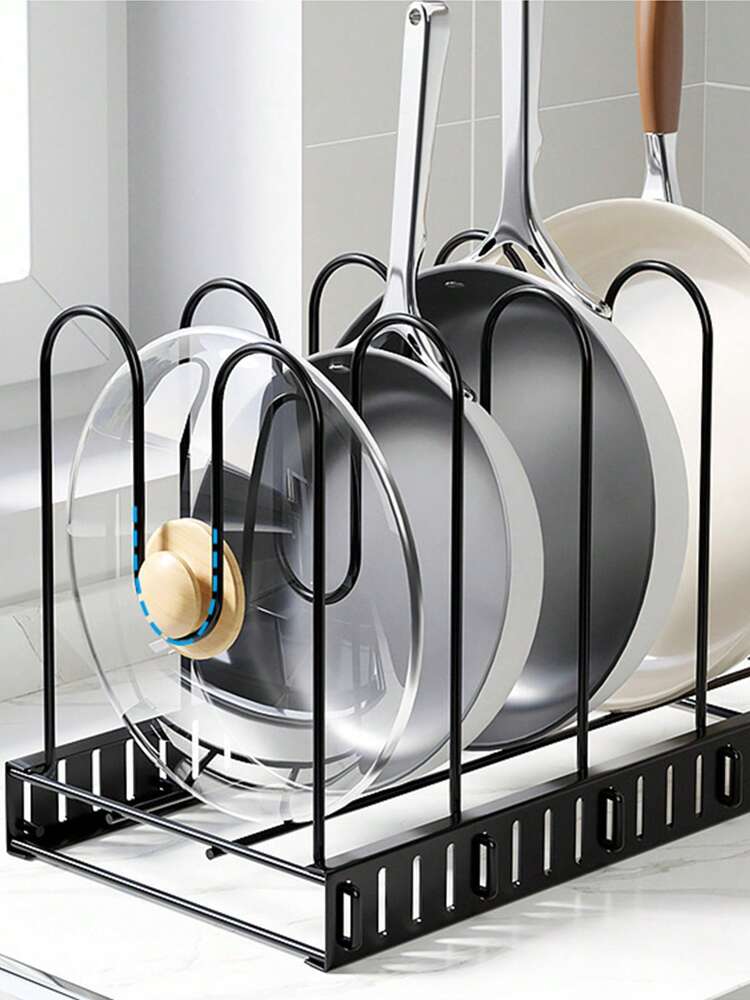1PC Black Iron Foldable Pot Lid Rack – Multi-Layer Countertop Kitchen Organizer Shelf, Detachable Design