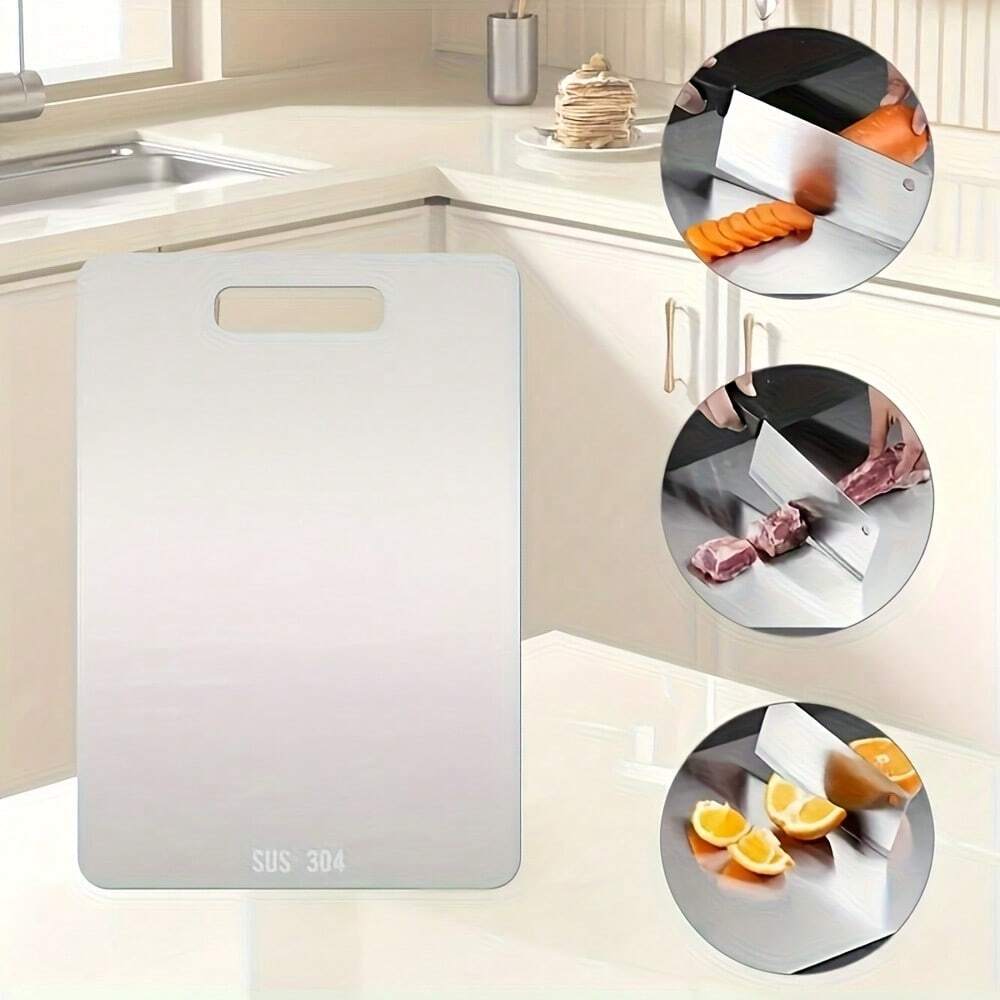 1pc Double-Sided Stainless Steel Cutting Board – Rustproof, Easy to Clean, Space-Saving, 9.8x5.9in for Meat, Veggies & Outdoor Use