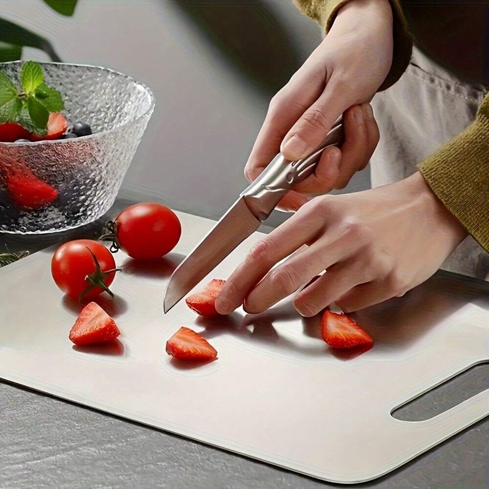 1pc Double-Sided Stainless Steel Cutting Board – Rustproof, Easy to Clean, Space-Saving, 9.8x5.9in for Meat, Veggies & Outdoor Use