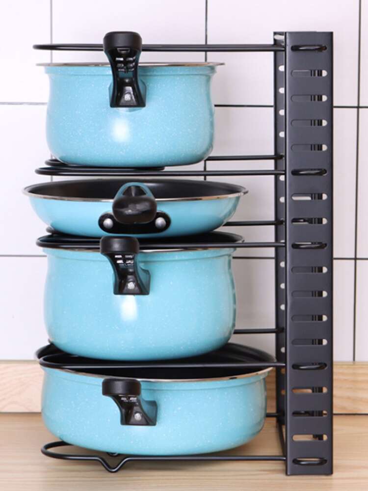 1PC Black Iron Foldable Pot Lid Rack – Multi-Layer Countertop Kitchen Organizer Shelf, Detachable Design