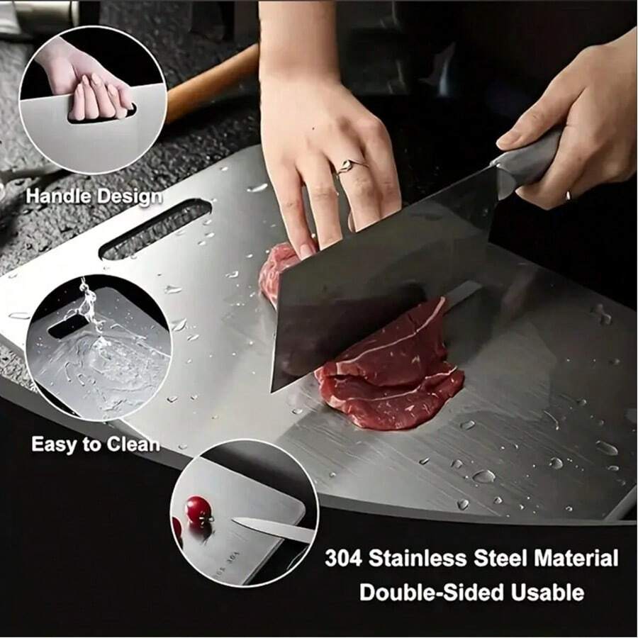 1pc Double-Sided Stainless Steel Cutting Board – Rustproof, Easy to Clean, Space-Saving, 9.8x5.9in for Meat, Veggies & Outdoor Use