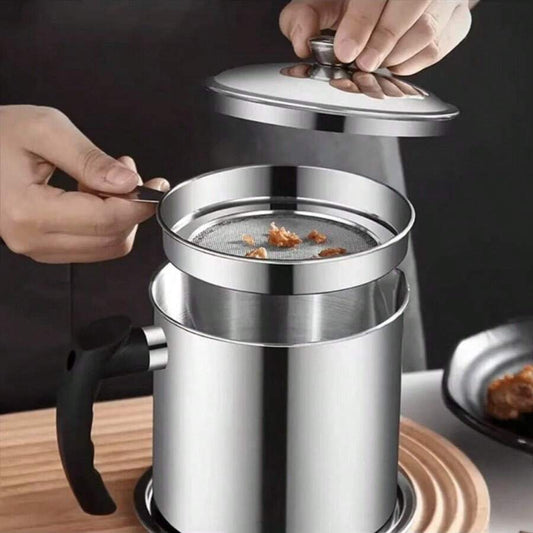 1.8L Stainless Steel Oil Pot with Filter – Bacon Grease Container & Cooking Oil Storage Canister